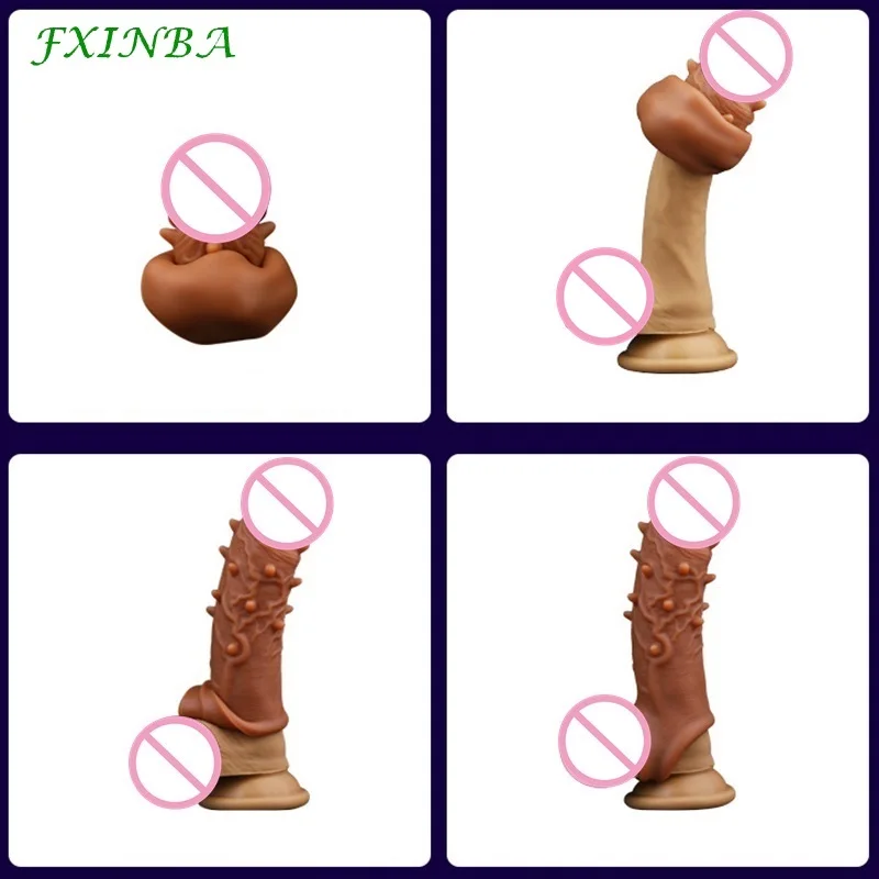 FXINBA 14-20cm Realistic Silicone Penis Extender Sleeve Delay Ejaculation Reusable Condoms Sex Toys For Men Cock Sleeve