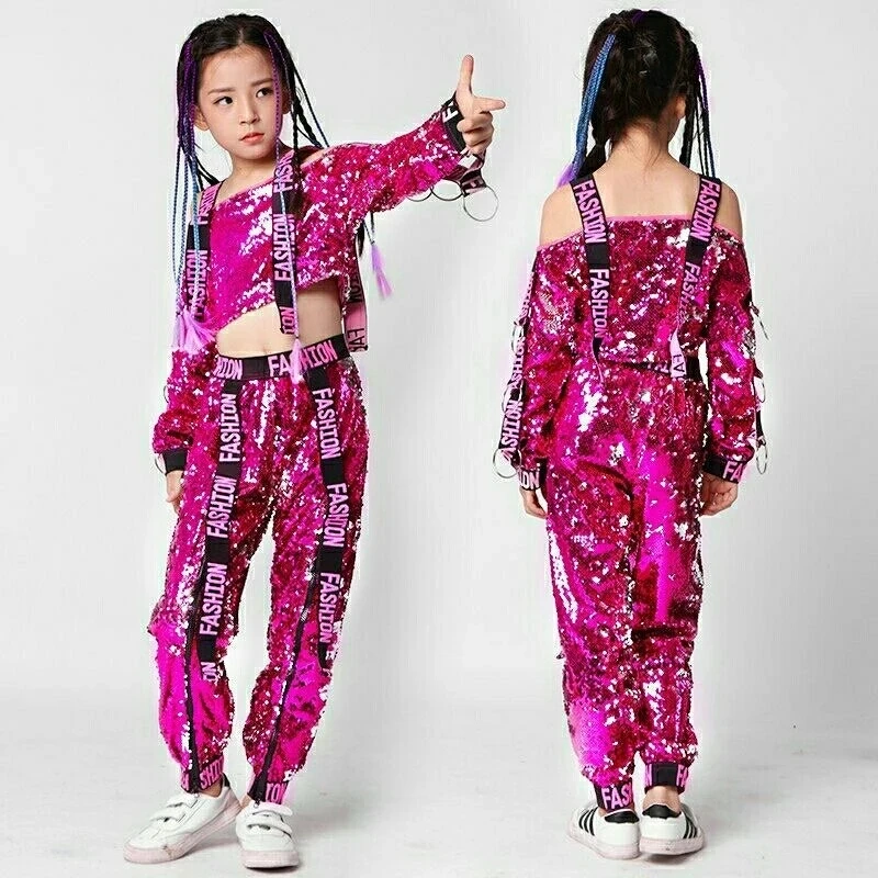 Kids Hip Hop Dance Clothing Rose Sequins Girls Jazz Dance Costumes Ballroom Dancing Shelf Drum Performance Clothes Outfits