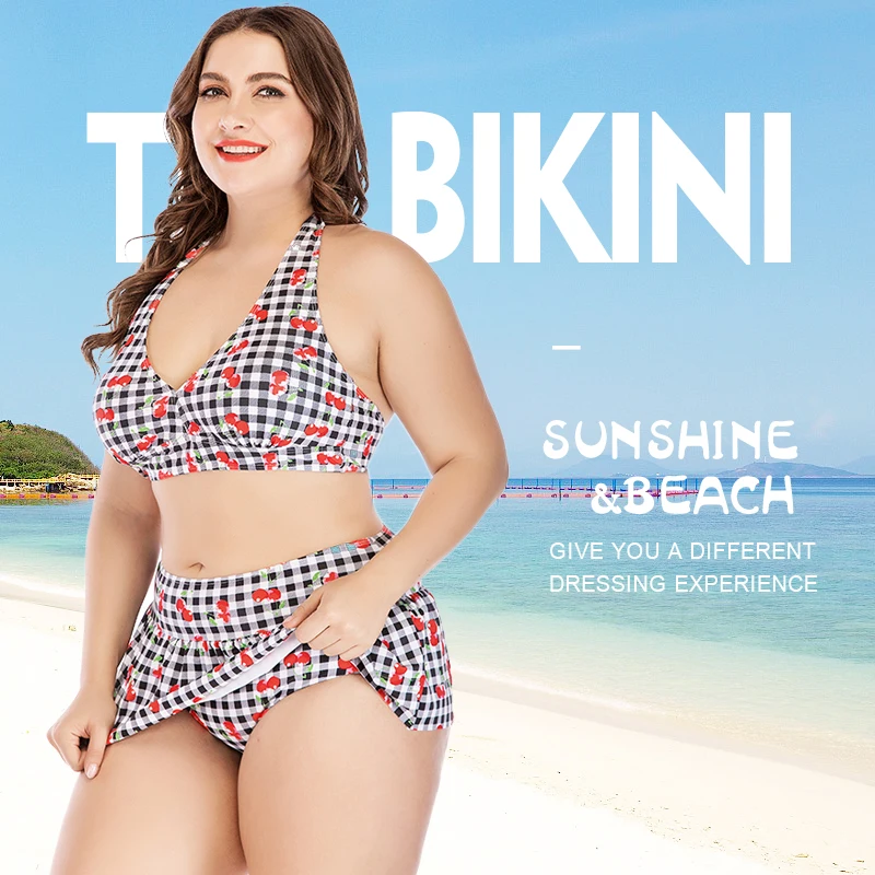 bikini 2020 fashion plus-size swimsuit fashion plaid cherry print skirt bikini plus fat plus size swimwear women bathing suit