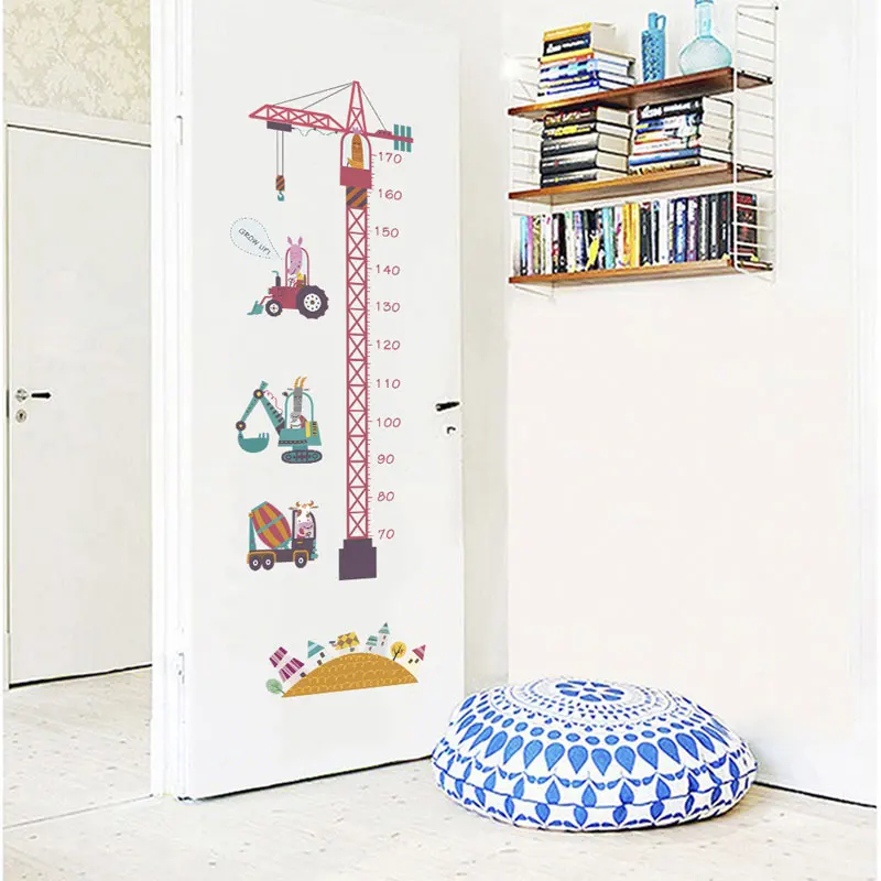 cartoon tower crane engineering car growth chart wall stickers for kids rooms decor diy height measure wall decals pvc mural