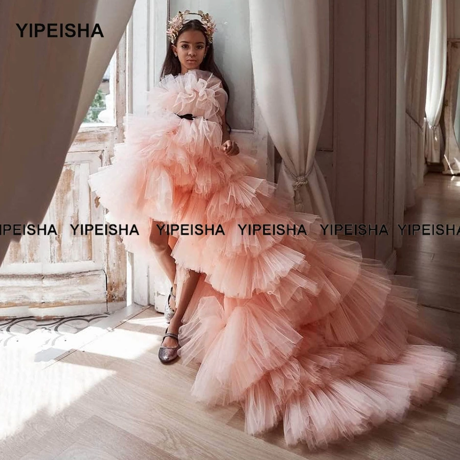 Yipeisha น่ารัก Ball ชุดดอกไม้ชุดสำหรับงานแต่งงานชุด High-Low Tulle วันเกิดเด็กชุดเจ้าหญิง First communion