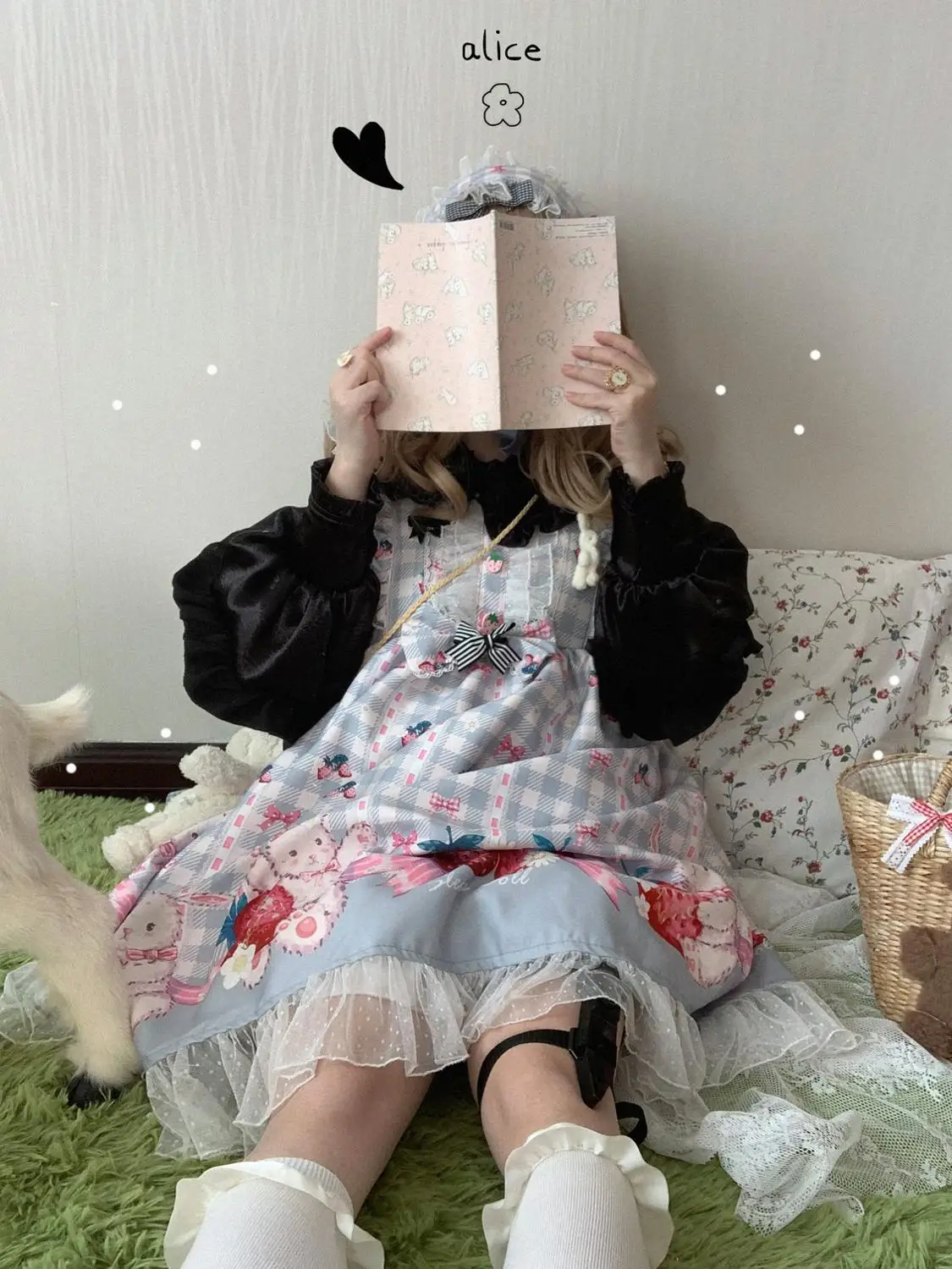 Konijn Aardbei Plaid Gedrukt Retro Jurk Strik Leuke Printing Hoge Taille Prinses Victoriaanse Jurk Kawaii Meisje Gothic Lolita