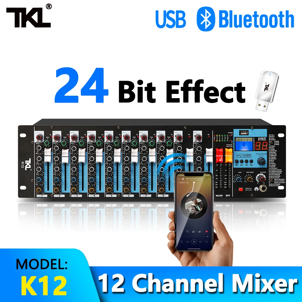 

TKL Professional Audio Rack Mixer 12 channels Bluetooth 48V microphone XLR Sound Mixer DJ mixing console USB recording