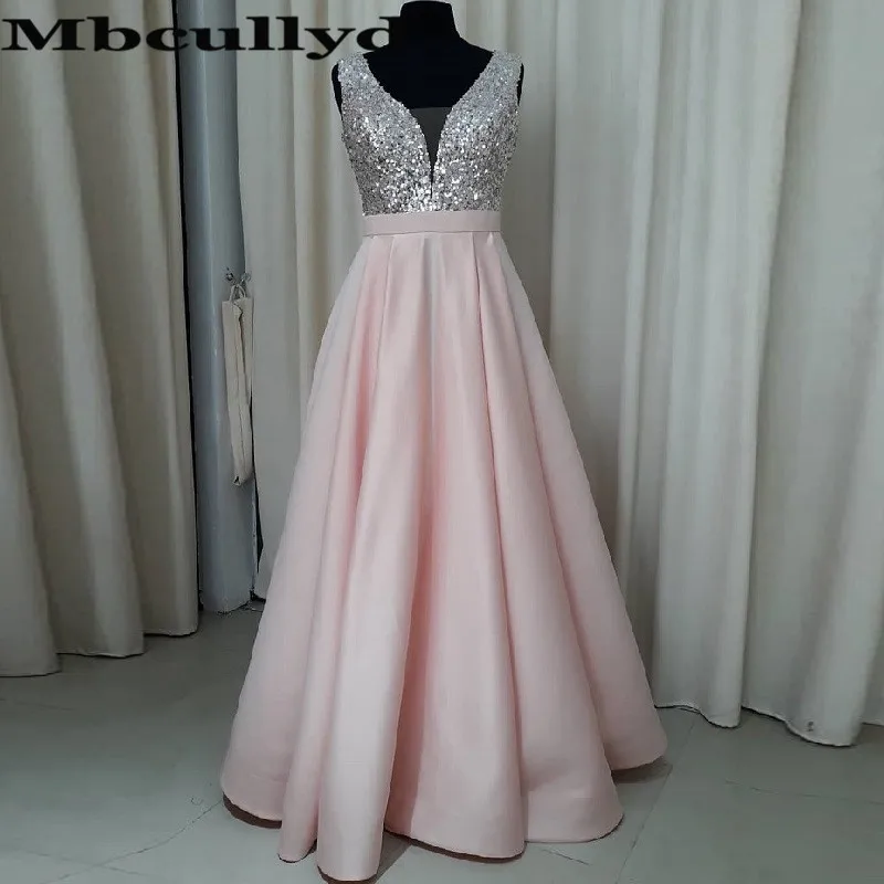 Mbcullyd Alluring V-neck Prom Dresses Long 2023 Top Sequined A-line Evening Dress For Women Pink Satin robe de soiree Customize