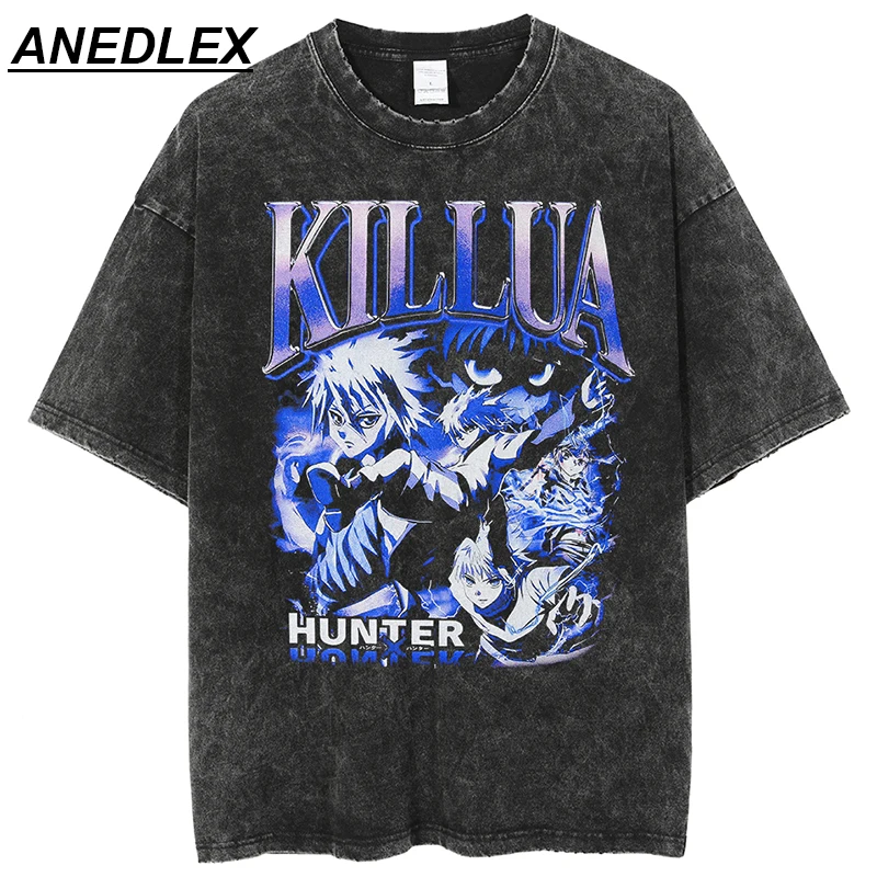 2022 Summer Men Washed T-shirt Anime Hunter X Hunter Print T Shirt Harajuku Cotton Short Sleeve Tshirts Hip Hop Streetwear Tops