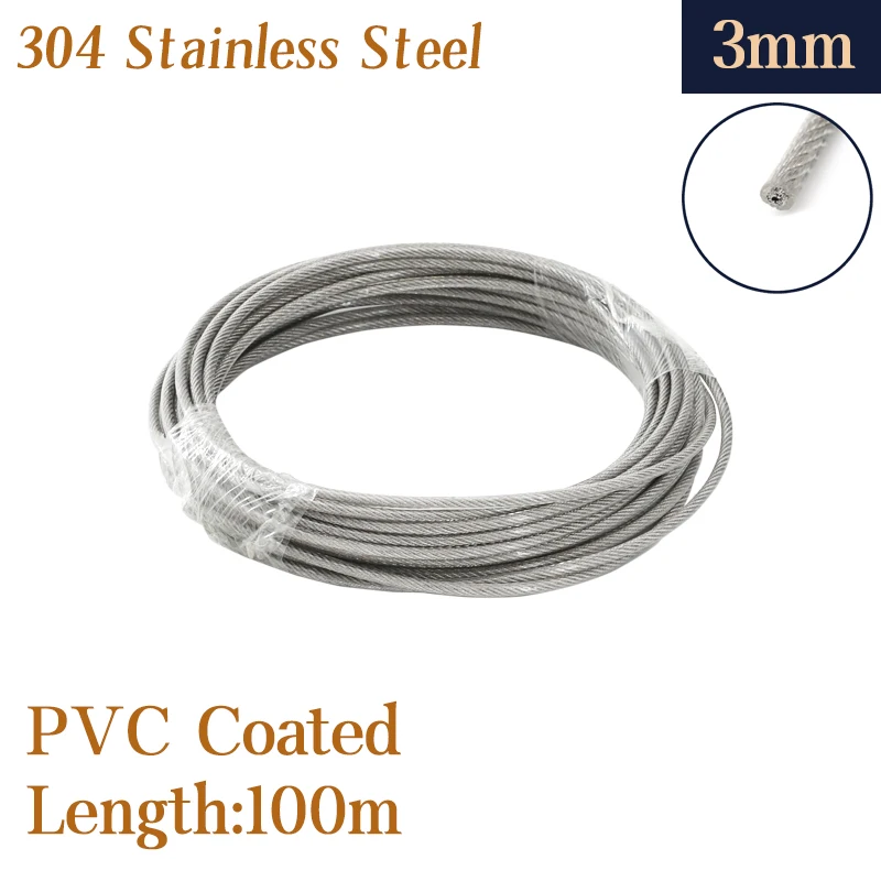 wire Rope 1/8‘’ PVC Transparent Coated Cable 304Stainless Steel rope Clothesline Diameter 3mm length-100m