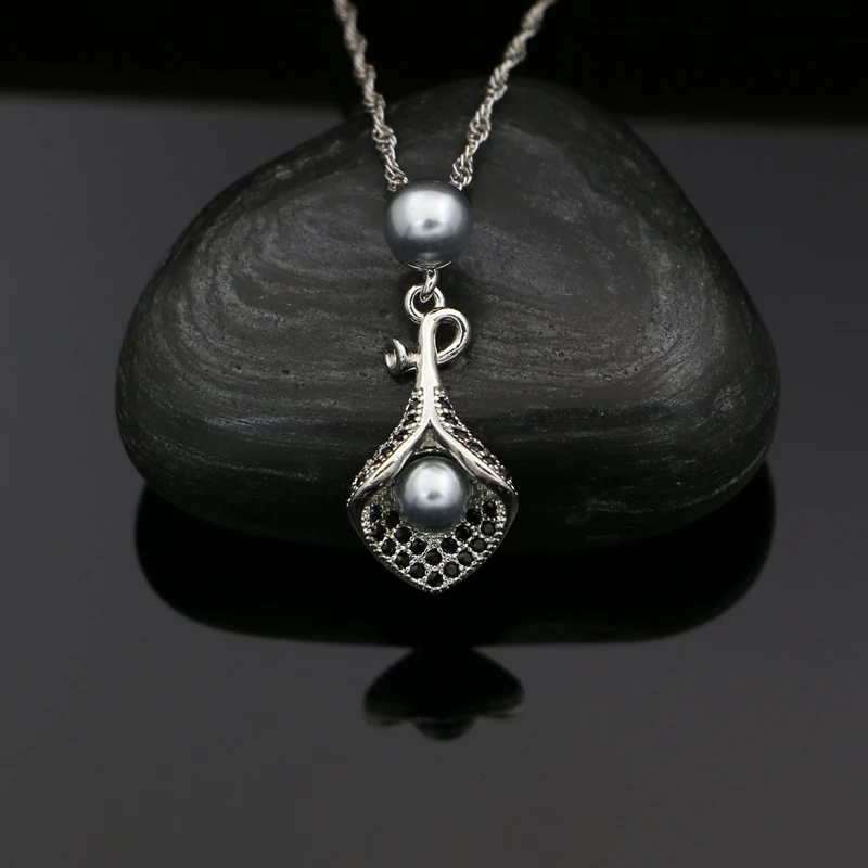 925 Silver Bridal Jewelry Sets Grey Pearl Beads Black CZ For Women Earrings Pendant Necklace Bracelet Open Ring
