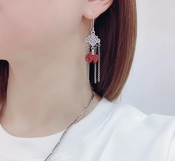 Thai Silver 925 Silver Southern Red Elephant Earrings Tassel Earrings Long Exaggerated Retro Chinese Style Old Temperament Class