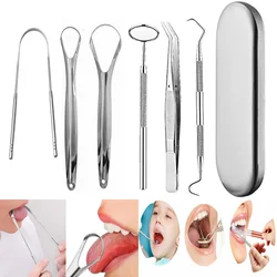 Aço inoxidável Kit Oral Care, Espelho Dental, Raspador de Língua, Pinças, Pinças, Melhora a Higiene Oral, 6 Pcs Set