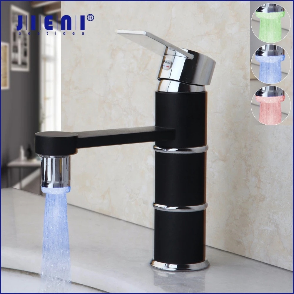 JIENI Matte Black Led Bathroom Basin Mixer Faucet Stainless Steel Wash Basin Sink Mixer Tap Deck Mounted Stream Spray