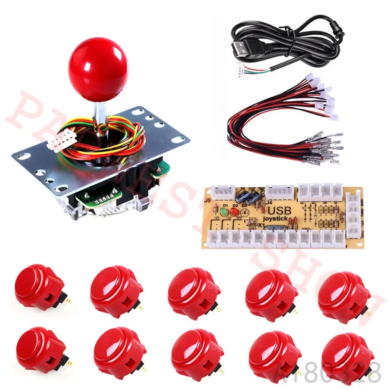 

1 Player Red DIY Arcade Kit Zero Delay USB Encoder PC +JLF-TP-8YT Japan Sanwa Joystick + OBSF-30 Sanwa Buttons For Mame Parts