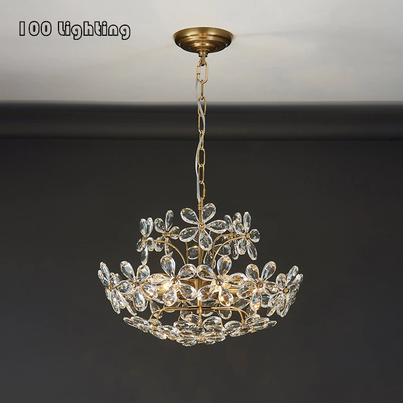 

Beautiful Flower LED Chandeliers Restaurant Bedroom Foyer Pendant Lamp Gold Metal Home Decoration E14 Bulb Chain Adjustable