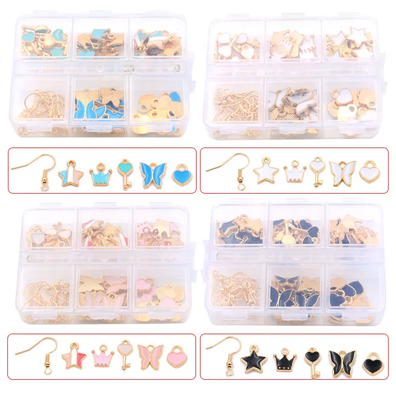 

1Set 60Pcs/Lot 4 Color 6Styles Star Key Charm KC Gold Drop Oil Pendant With Box Material For DIY Jewelry Earring Bracelet Making