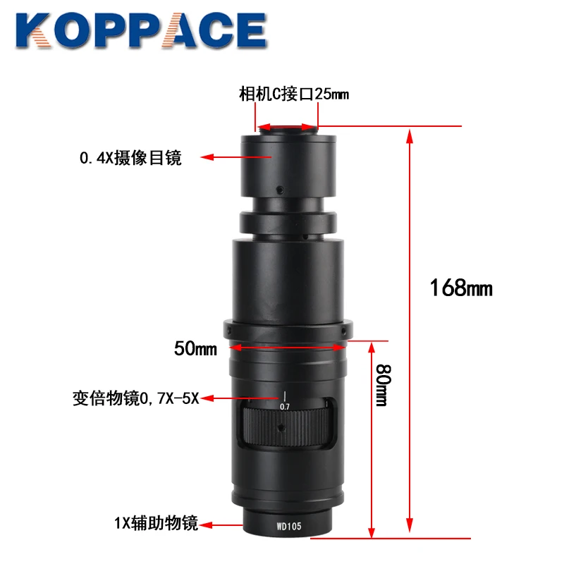 

KOPPACE 26X-182X Industrial Microscope Lens 0.4X Eyepiece 0.7X-5X Zoom Objective 25mm C-Mount Interface Electron Microscope Lens