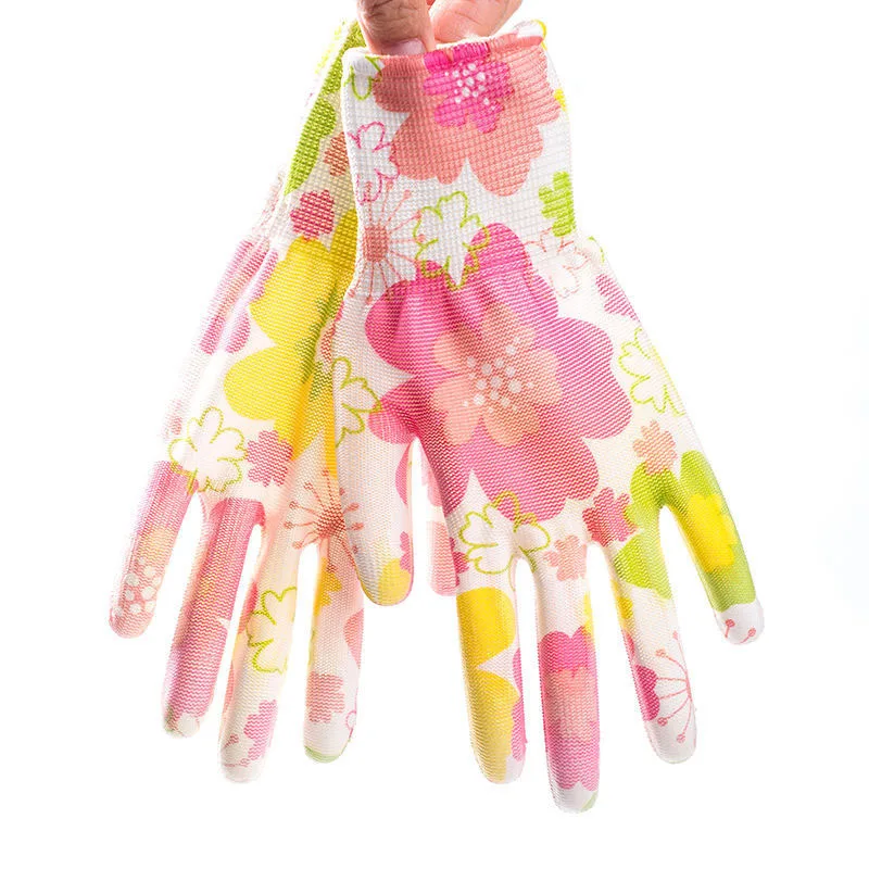 Women Gloves Non-Slip Housework Cleaning Breathable Gardening Flower Printed  PU  Palm Coated Household Full Finger