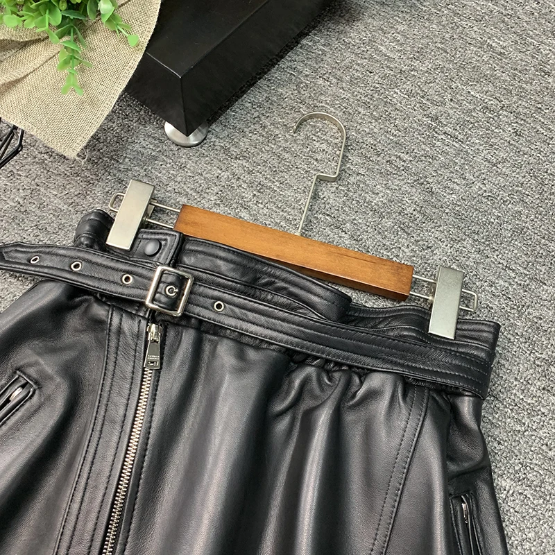 Women Sheepskin Sashes Zipper A-Line Short Skirts Punk Style Genuine Leather High Waist Black Mini Skirts Fashion Pleated Skirt