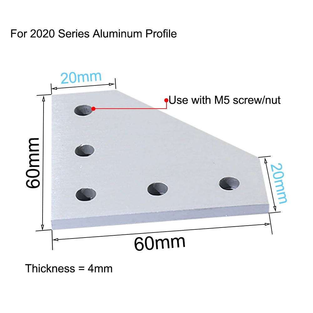 Plaque de jonction 20x20 avec 5 trous, plaque de jonction à 90 degrés, support d'angle, bande de jonction pour profil en aluminium 2020, 8 pièces