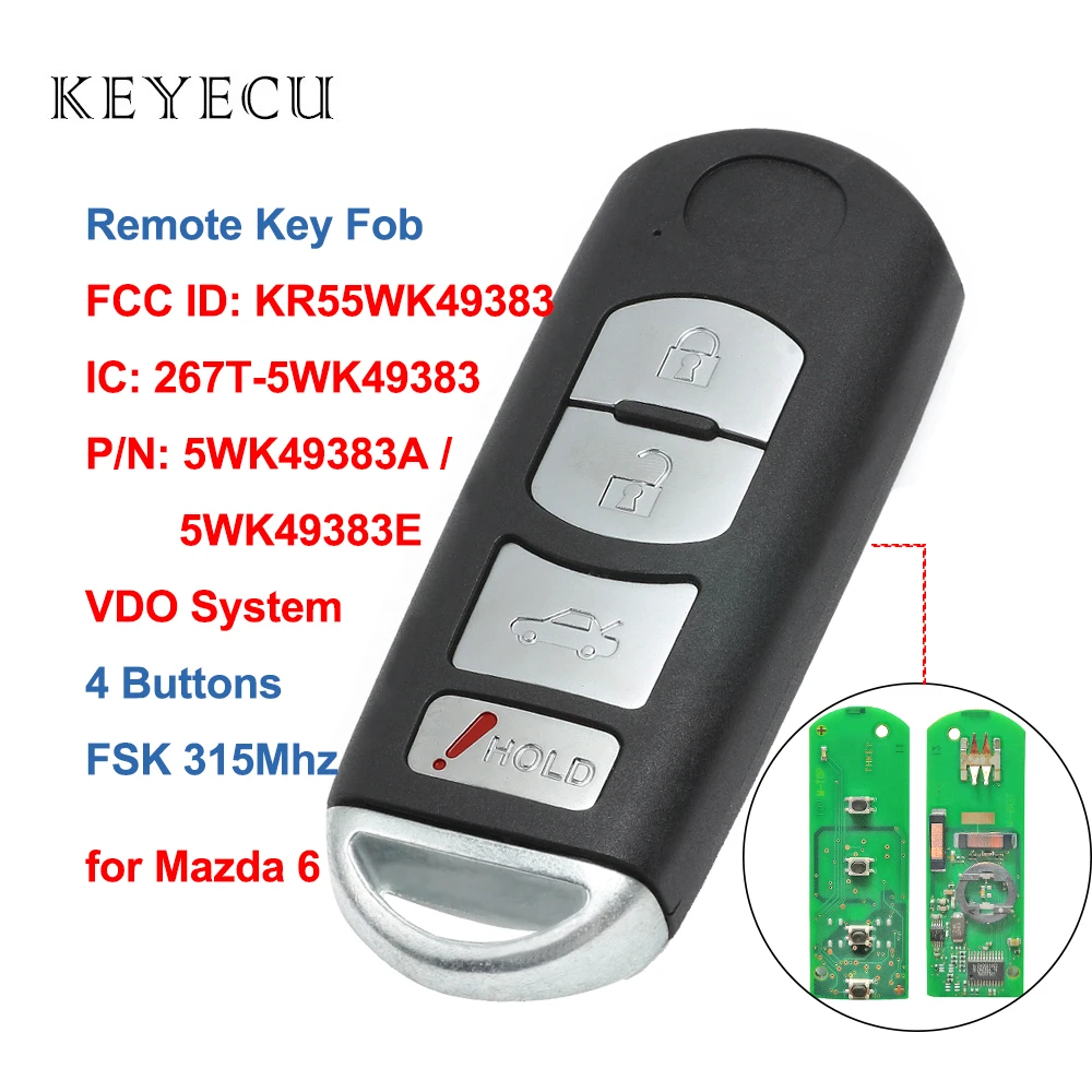 Keyecu Smart Remote Car Key Fob FSK 315MHz 4 Buttons 4D63 Chip for Mazda 6 2009 2010 2011 2012 2013, FCC ID: KR55WK49383