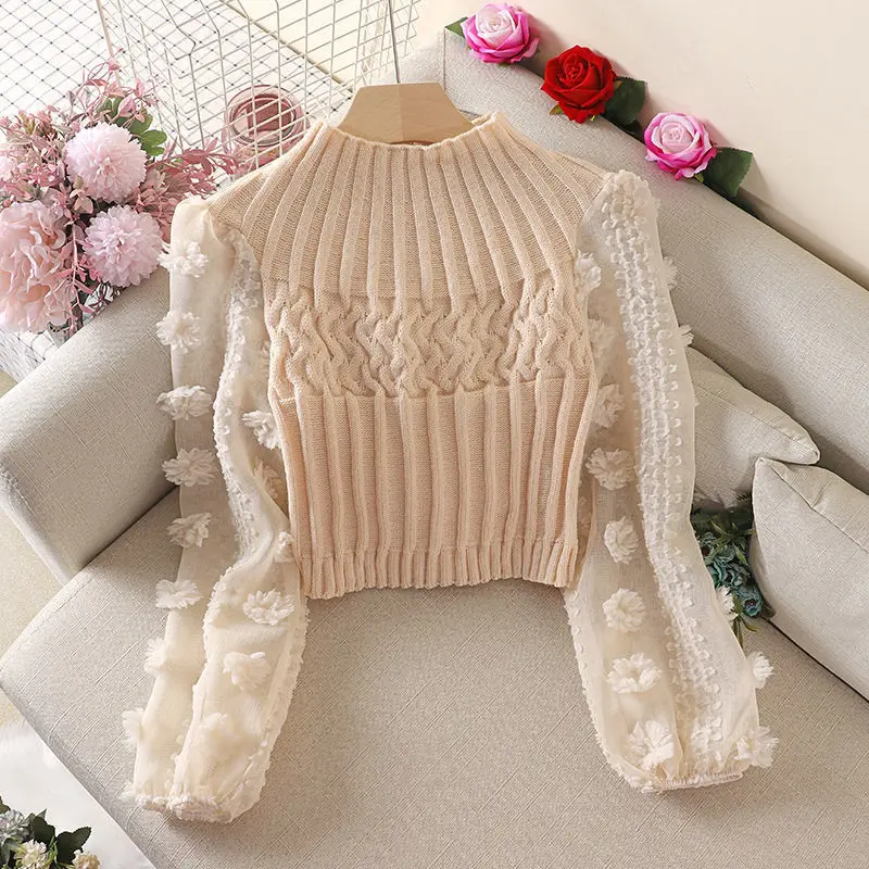 2022Super Fairy Bubble Sleeve Mesh Stitching Crew Neck Tight Slim Short Women\'s Sweater T-shirt