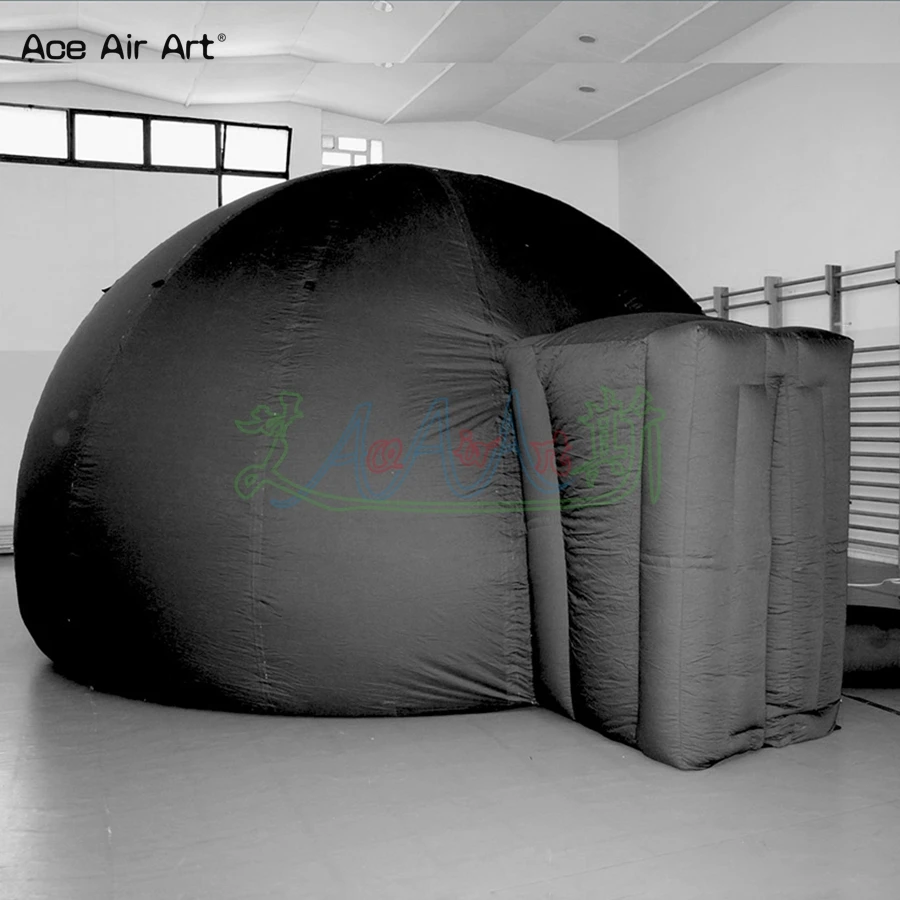 ผ้า Oxford แบบพกพา Ginat เส้นผ่านศูนย์กลาง 5 เมตรที่กําหนดเองสีดําและสีฟ้า Ringless โดม Inflatable Planetarium เต็นท์ Made In China