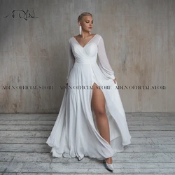 ADLN Simple Plus Size Chiffon Wedding Dress with Slit V-neck Long Sleeves Bride Dress Floor Length Split Beach Bridal Gown