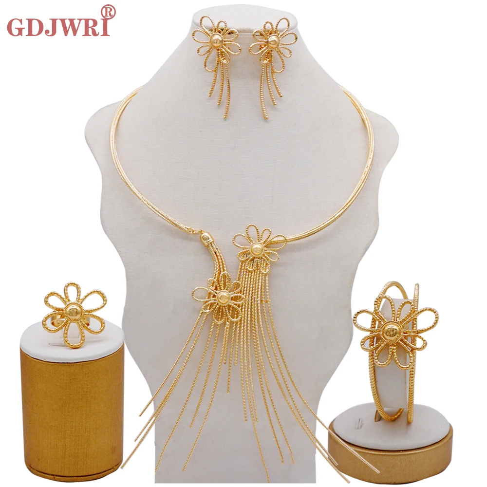 

Fine Jewelry Gold Color Dubai Jewelry Sets For Women African Party Wedding Gifts Necklace Bracelet Earrings Ring Jewellery