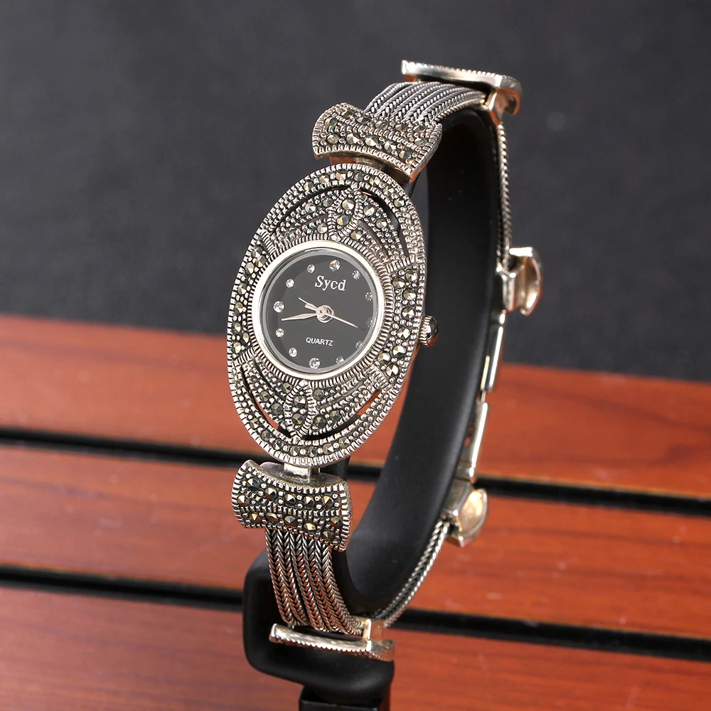 ZHJIASHUN Retro 100% 925 Sterling Silver Watch For Women Round Vintage Thai Silver Clock Female Bracelets Watch Jewelry