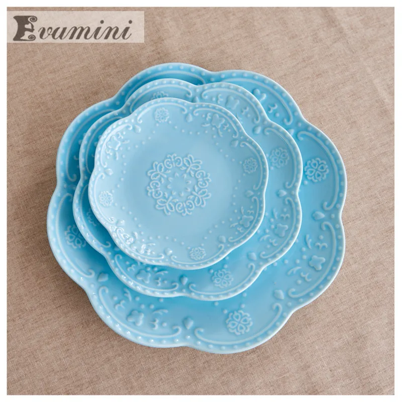 10inches Pink Ceramic Western Tableware Blue Embossed steak dish Western Plate Square Dish Snack Tray