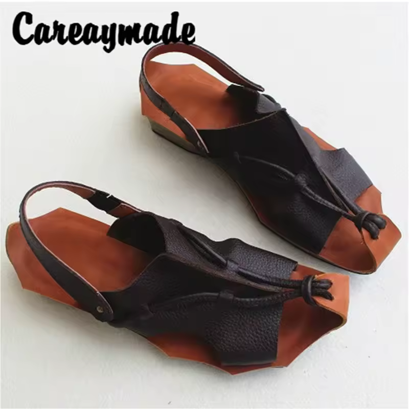 Careaymade-Summer new genuine Leather retro leisure women's sandals,cowhide handmade cotton and hemp artistic sandals
