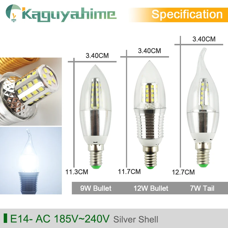 =(K)= 10Pcs/lot LED Candle Light E14 Bulb Colorful Lamp 220V 7W 9W 12W Golden Silver Lamp For Crystal Chandelier Lampara Ampoule