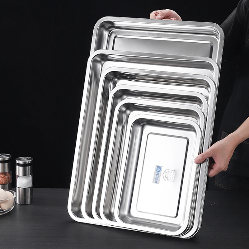 Stainless Steel Food Storage Trays Rectangular Steamed Sausage Barbecue Plate Fruit Bread Dish Kitchen Cake Pastry Baking Pan