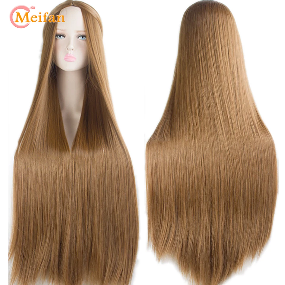 MEIFAN Synthetic Lolita Cosplay Wig Blonde Blue Red Pink Green Purple Hair for Cosplay Party 100CM Long Straight Wigs for Women