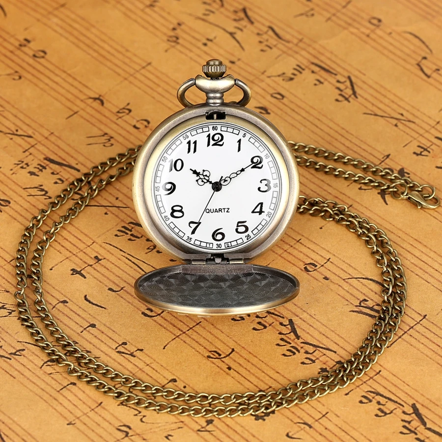 Bronze Pirate Skull Cross Sword Quartz Pocket Watch Necklace Pendant FOB Chain Clock Gifts for Kids Men Women Reloj de madera