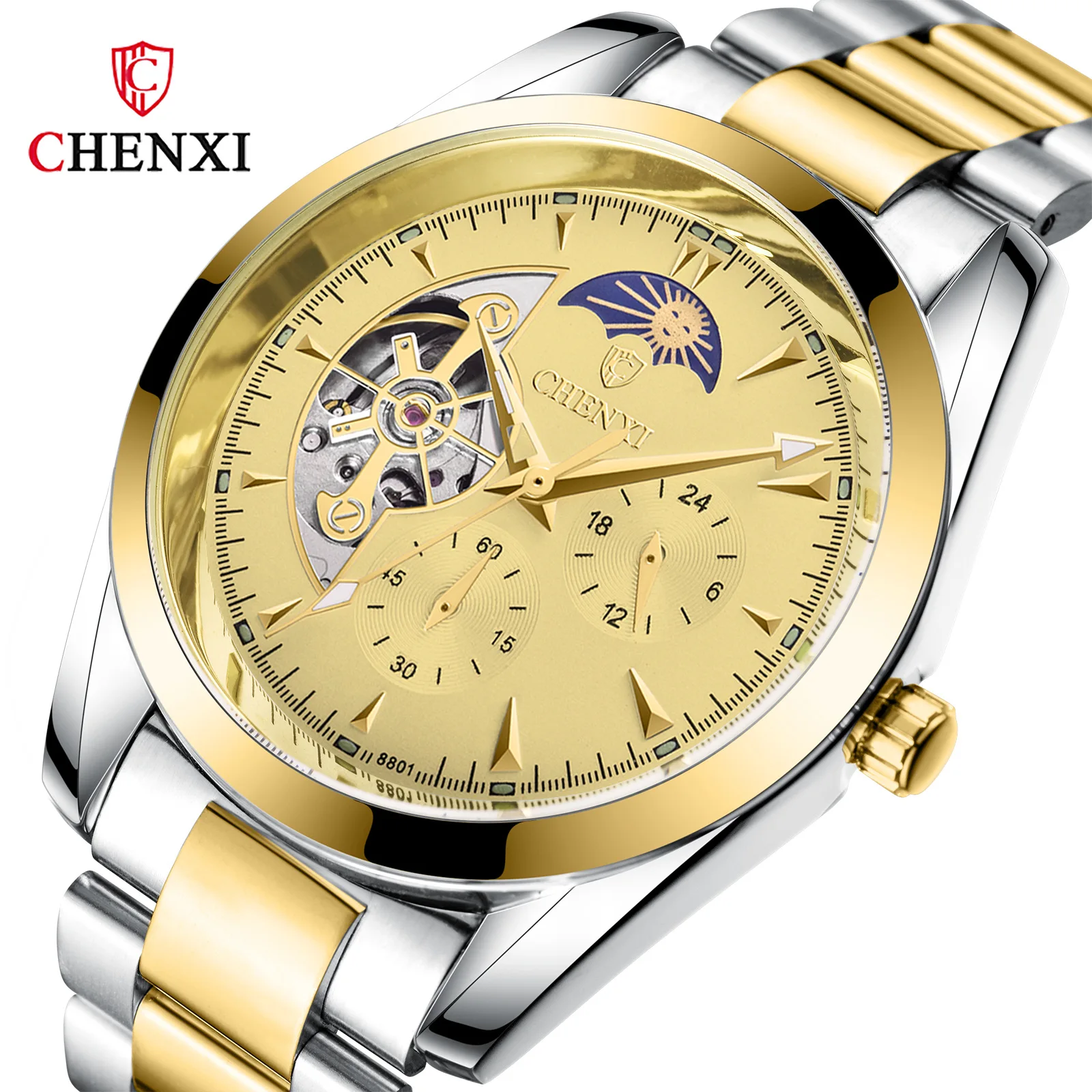 

Chenxi Top Brand Luxury Automatic Fashion Full Steel Mechanical Watch Golden Design Moon Phase Display Mens Watches