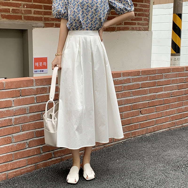 REALEFT 2021 New Spring Summer Pockets Elegant Women's Midi Skirts Solid Female High Waist A-Line Umbrella Casual Korean Skirts