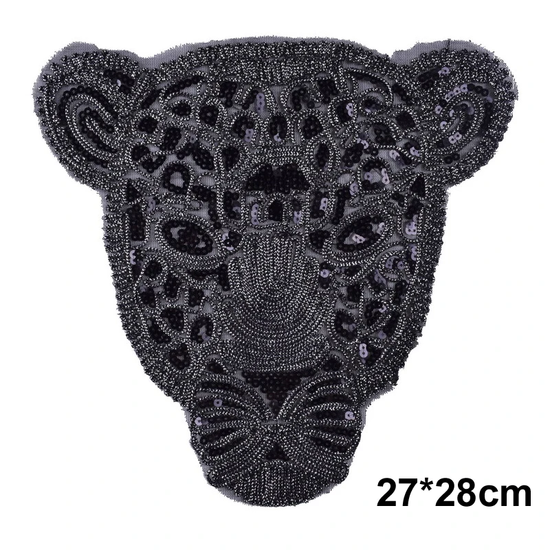 Large Black Sequin Lace Tiger Head Clothes Embroidered Patches for Clothing Sew on Sweatshirt Leopard Applique Sticker NL361