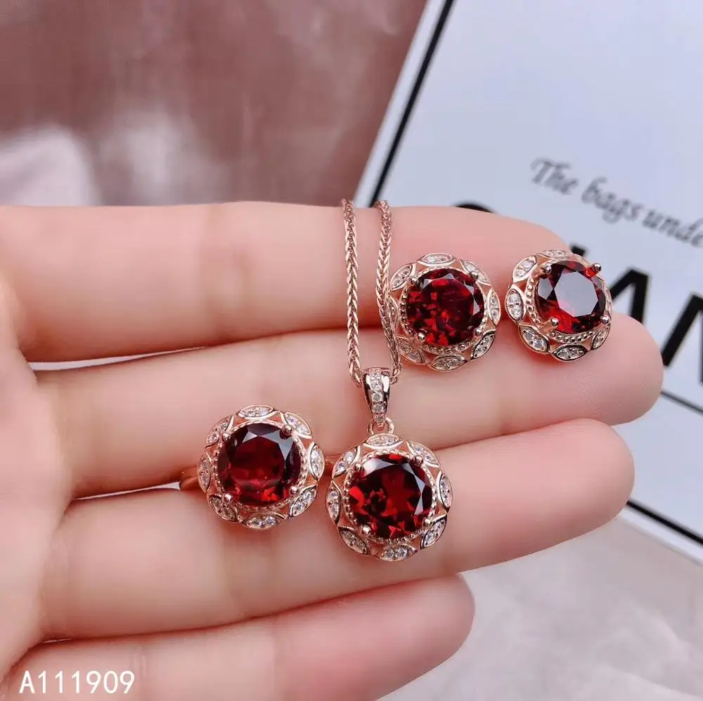 

KJJEAXCMY Boutique Jewelry 925 Sterling Silver Inlaid Natural Garnet Necklace Ring Earring Suit Support Detection Fine