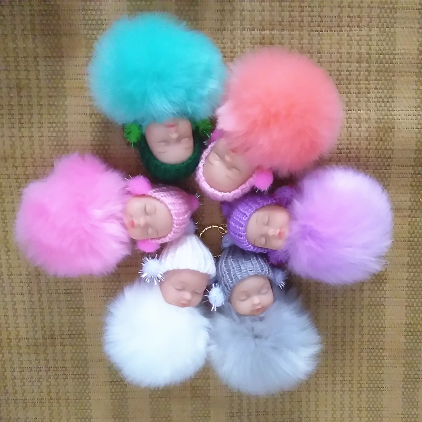 Colorful Sleeping Baby pompon Key Chain Cartoon Baby Keyring Fake Fur Tassel Handmade Crafts Party Gifts