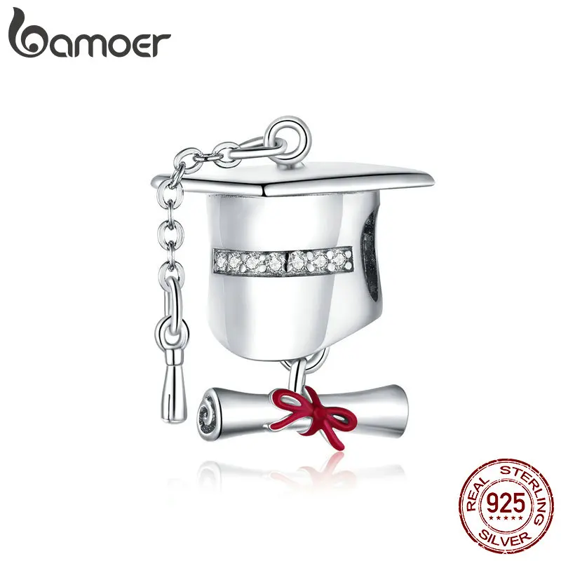 bamoer Genuine 925 Sterling Silver CZ Square College Cap Metal Charm for Original Silver Bracelet Cute DIY Charms Gift BSC357