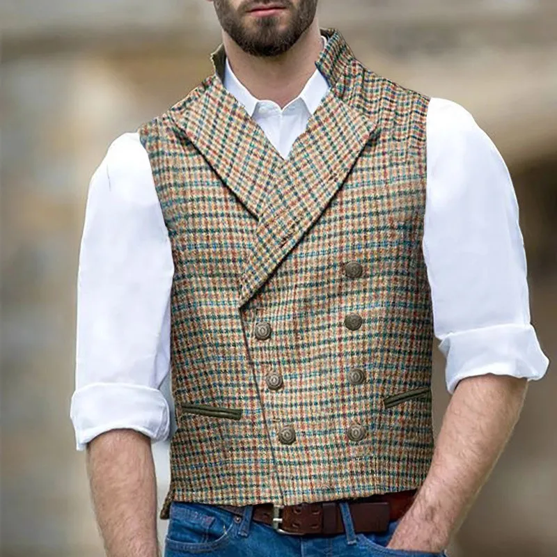 Gilet à carreaux à double boutonnage pour hommes, col de costume, taille fine, tenue formelle décontractée, vêtements de mariage pour garçons