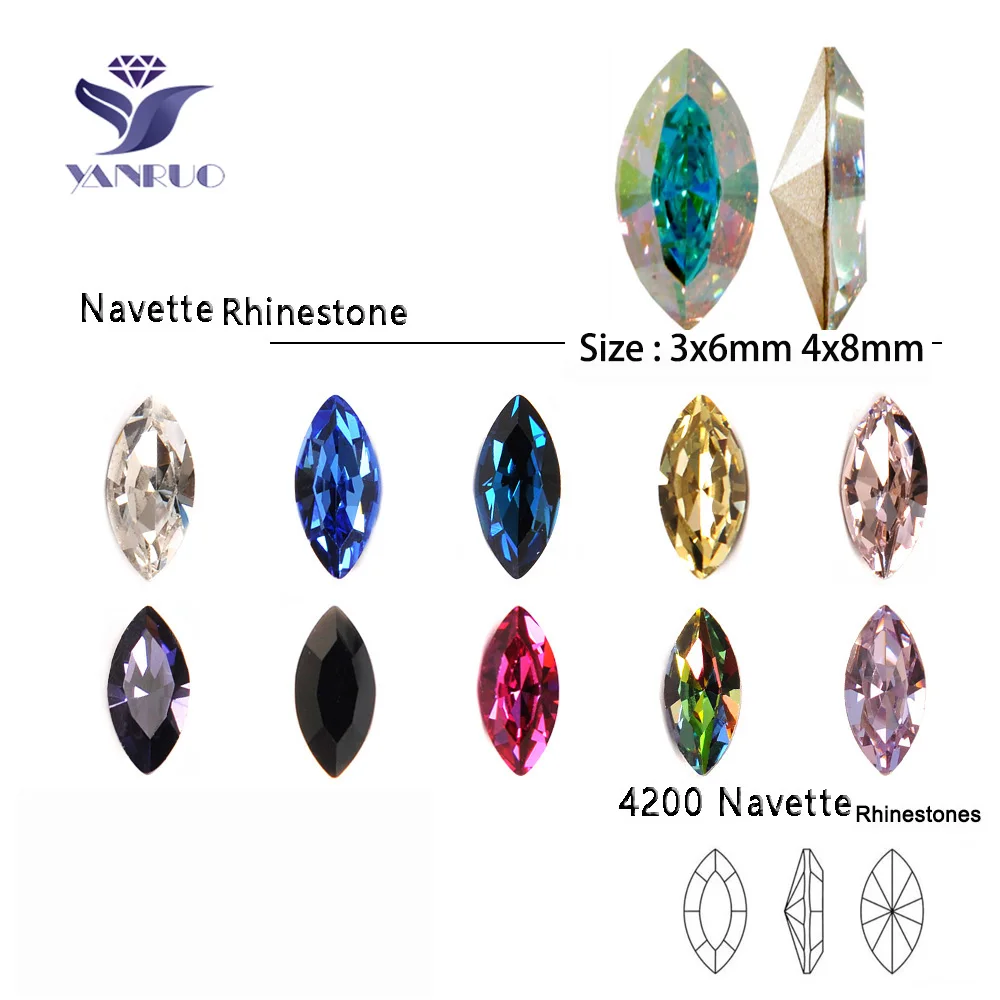 YANRUO 4200 Navette tutte le dimensioni cristallo a punta strass lucidi gioielli in vetro fai da te che fanno accessori decorazione per Nail Art