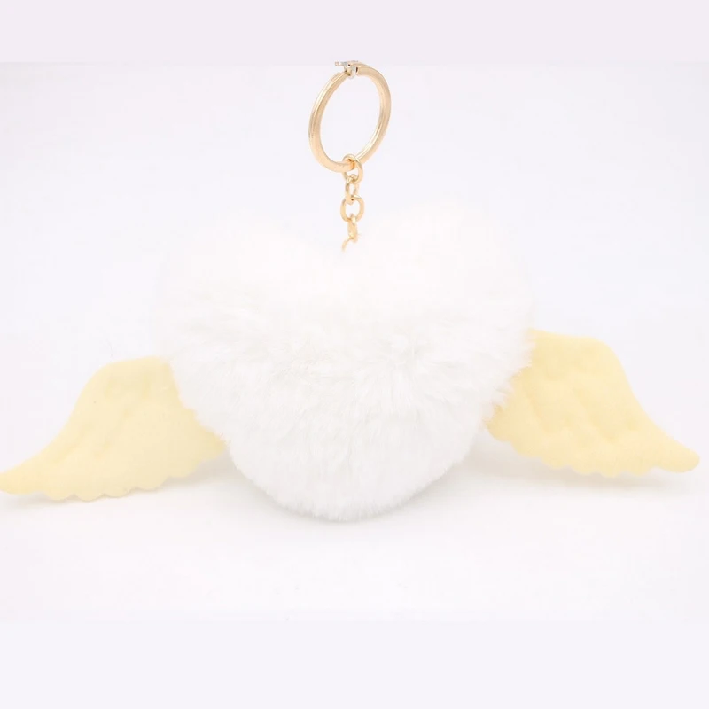 Cute Girls Fluffy Rabbit Fur Angel Wing Keychain Women Pompon Heart Fur Ball Key Ring Car Bag Pompom Trinket Jewelry Party Gift