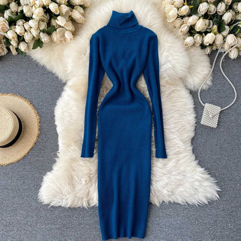 

Sweater Dress 2023 Winter Turtleneck Warm Long Sleeve Knit Dress Korean Fashion Casual Solid Women Midi Bodycon Dress