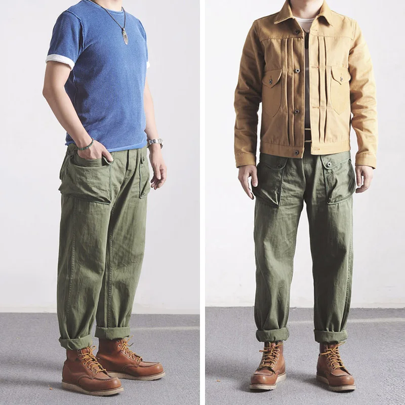 P44-0001 World War 2 Us Military Style Usmc Hbt Trousers Mens Cotton Vintage Slim & Straight Fitting Casual Pants