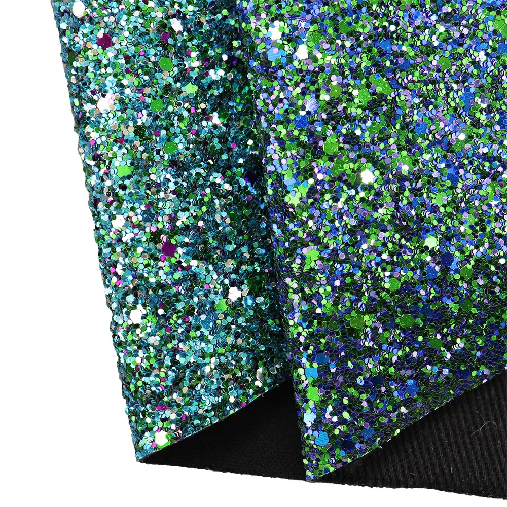 30x132cm Roll Blue Green Mix Colorful Chunky Glitter Fabric With Elastic Or Twill Colth Backing For Bows Earring DT017