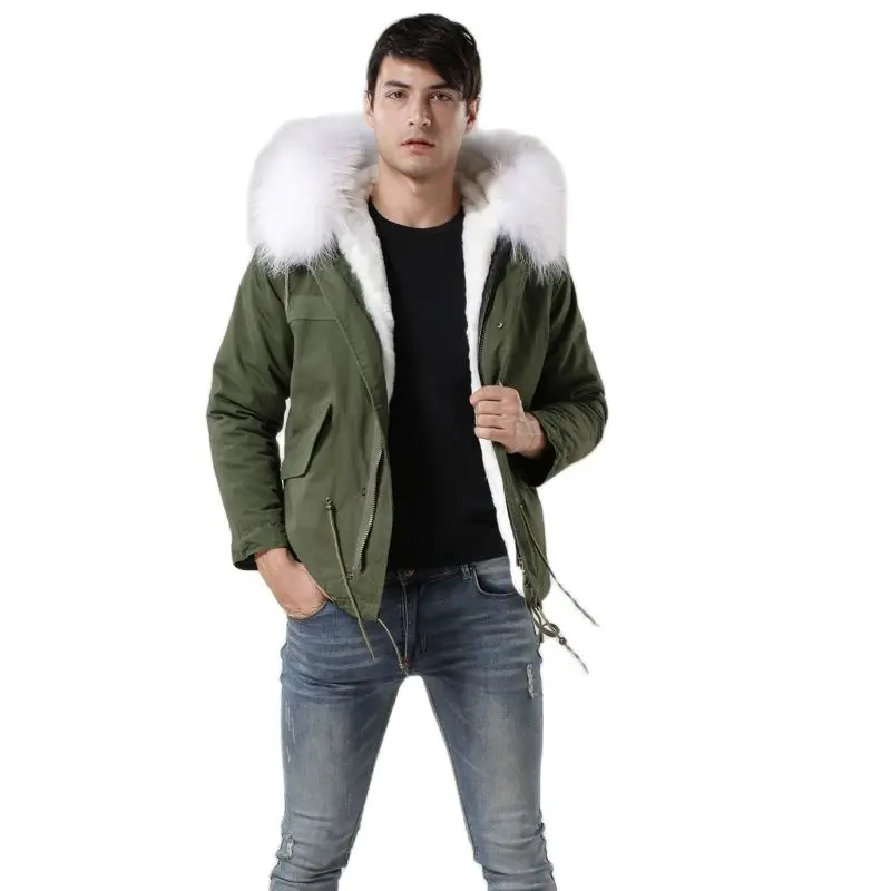 

White Fox Collar Short Army Green Mens Parka MeiFNG Branch Fashion Fur Coat Faux Lining Fur Mens Outwear Fur Jacket