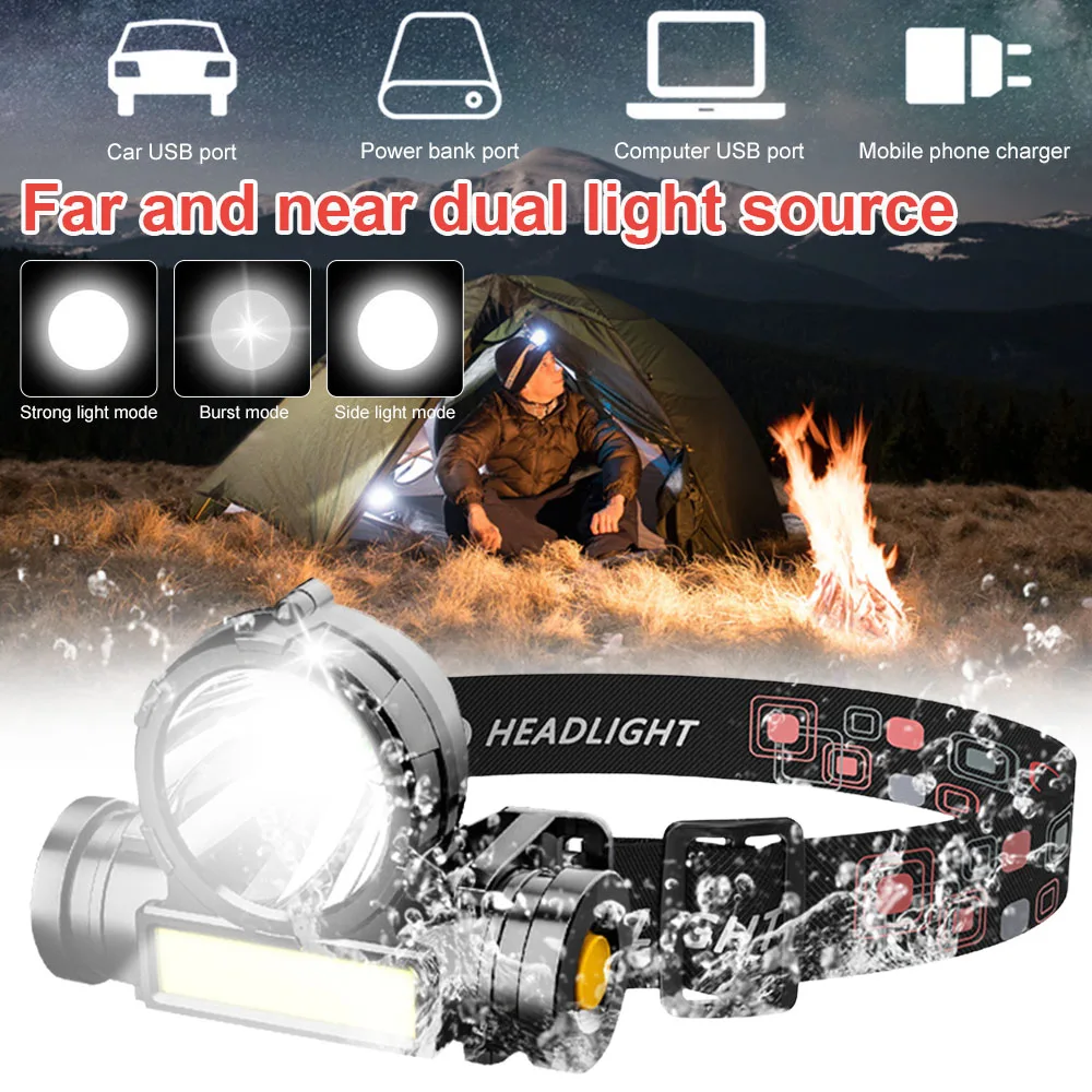 USB Rechargeable Headlamp With Waterproof High Light OSL+COB LED Beads Built-in Battery For Outdoor Camping Fishing Work Light