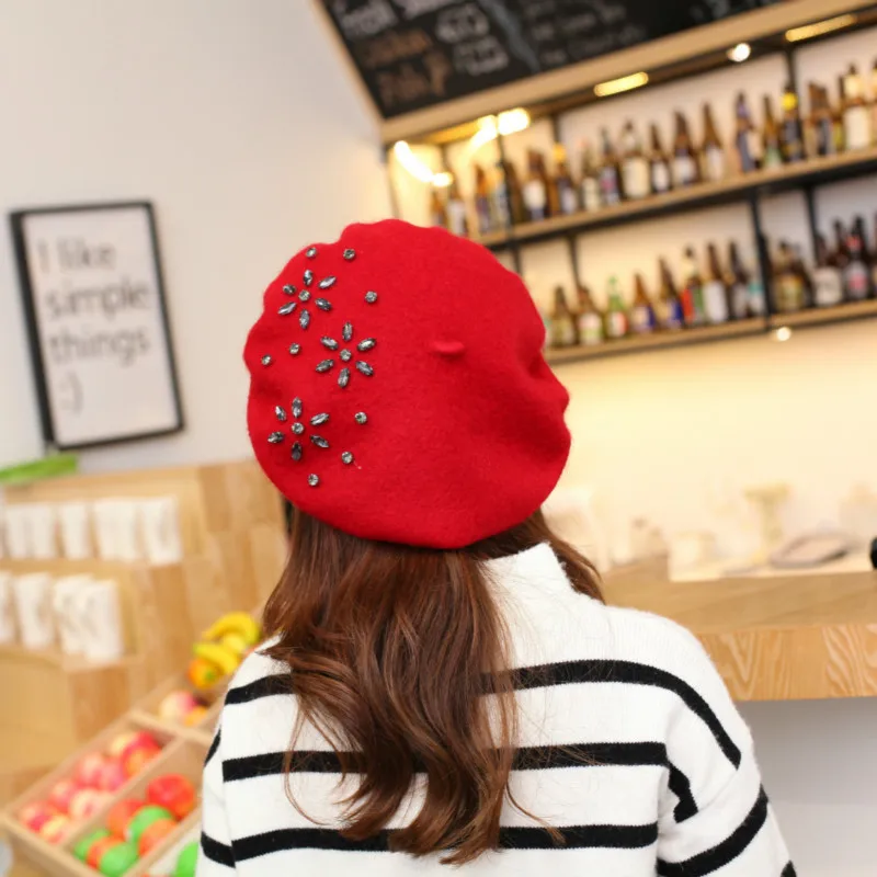 VISROVER woman wool winter beret female rhinestone wool cap autumn winter hat solid color top quality Women Boina wholesales