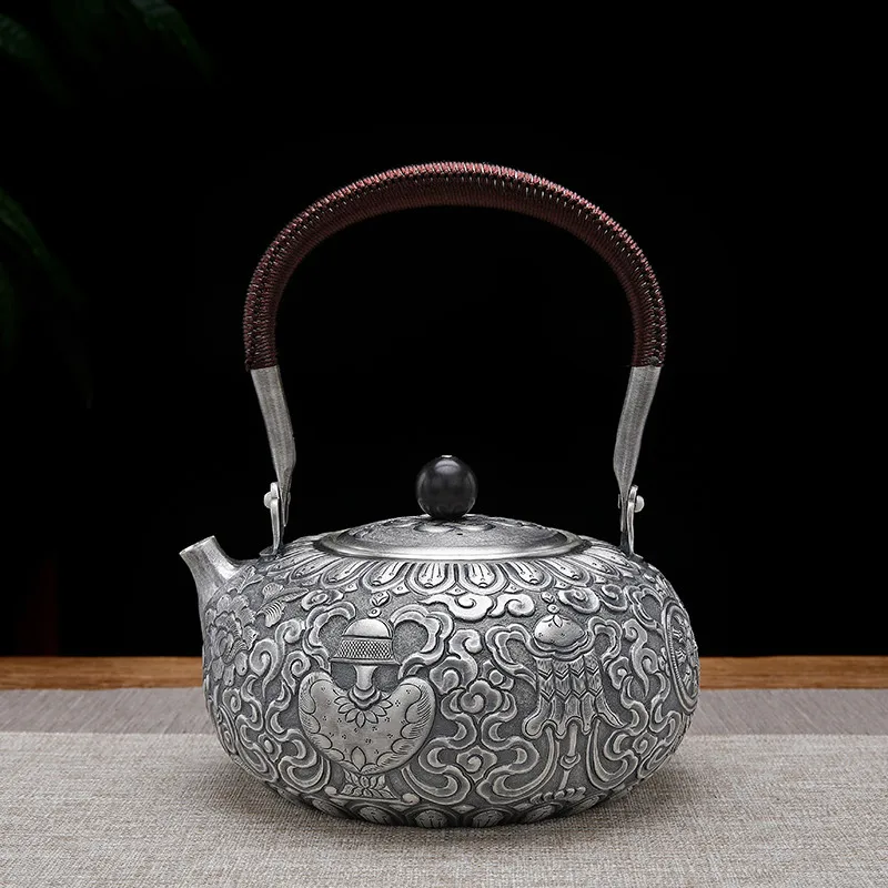 Sterling Silver 999 Kettle Hidden Eight Treasure Teapot Tea Ceremony Household Chinese Sterling Silver Tea Set Handmade Silver