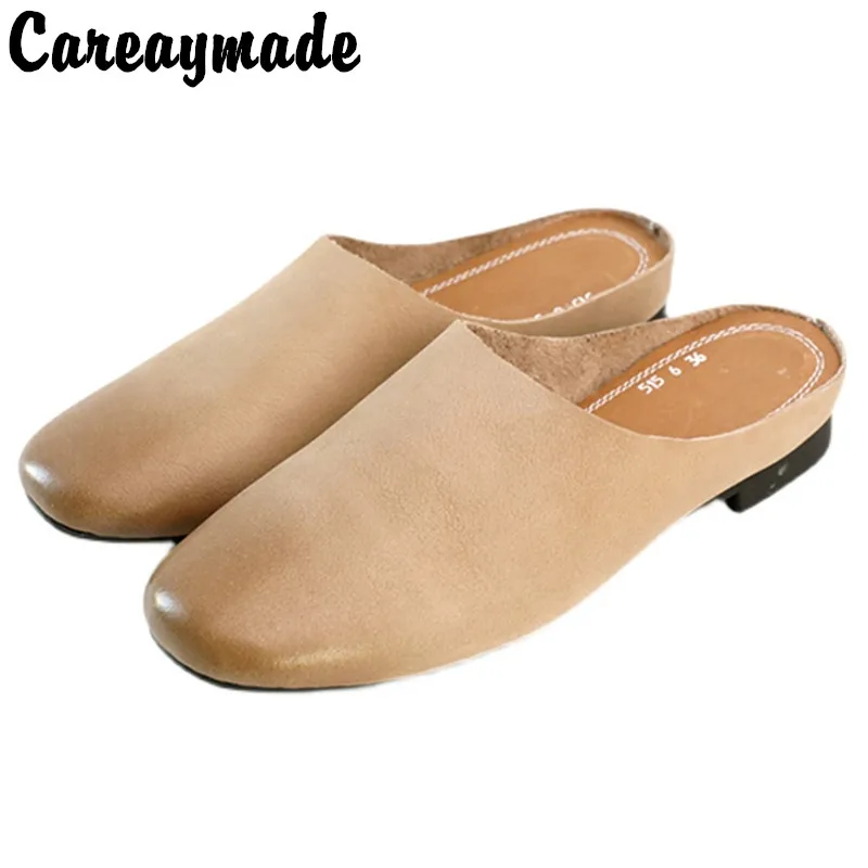 Careaymade-Summer 100% Genuine leather women slippers,Fashion colors casual comfort lazy shoes,handmade Flat Half slippers